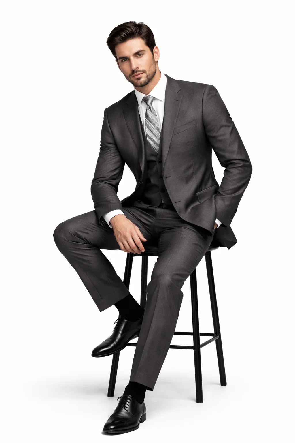 2TR Classic Fit - Executive Cut Poly-rayon Executive Pure Solid Gray Suit Notch Collar Pleated Pants - Image 4