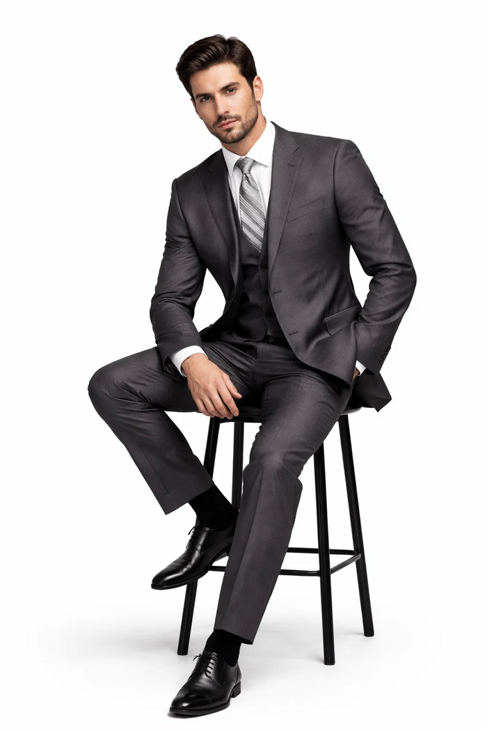 2TR Classic Fit - Executive Cut Poly-rayon Executive Pure Solid Gray Suit Notch Collar Pleated Pants - Image 4