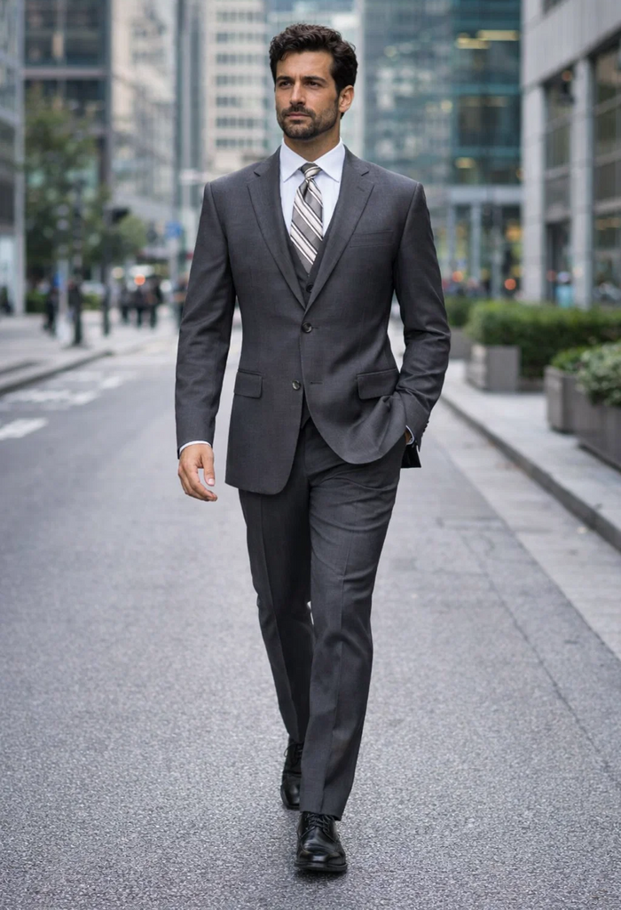 2TR Classic Fit - Executive Cut Poly-rayon Executive Pure Solid Gray Suit Notch Collar Pleated Pants - Image 6