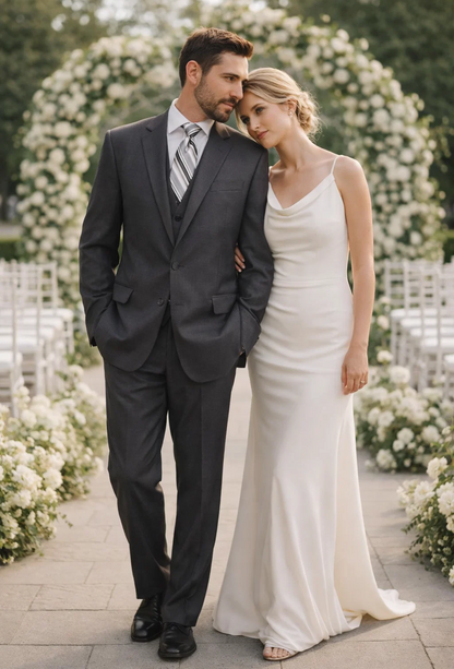 2TR Classic Fit - Executive Cut Poly-rayon Executive Pure Solid Gray Suit Notch Collar Pleated Pants - Image 7