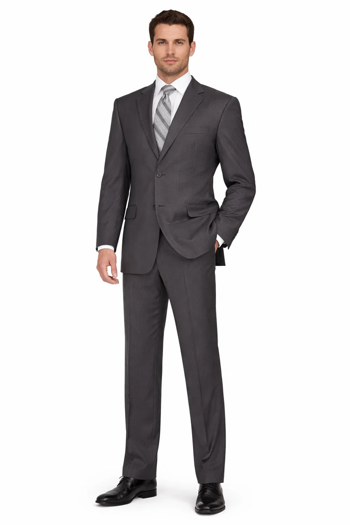 2TR Classic Fit - Executive Cut Poly-rayon Executive Pure Solid Gray Suit Notch Collar Pleated Pants