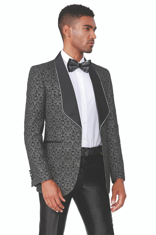 Mens Black Blazer - Men's Fancy Square Lapel Paisley Brocade Tuxedo Blazer in Black