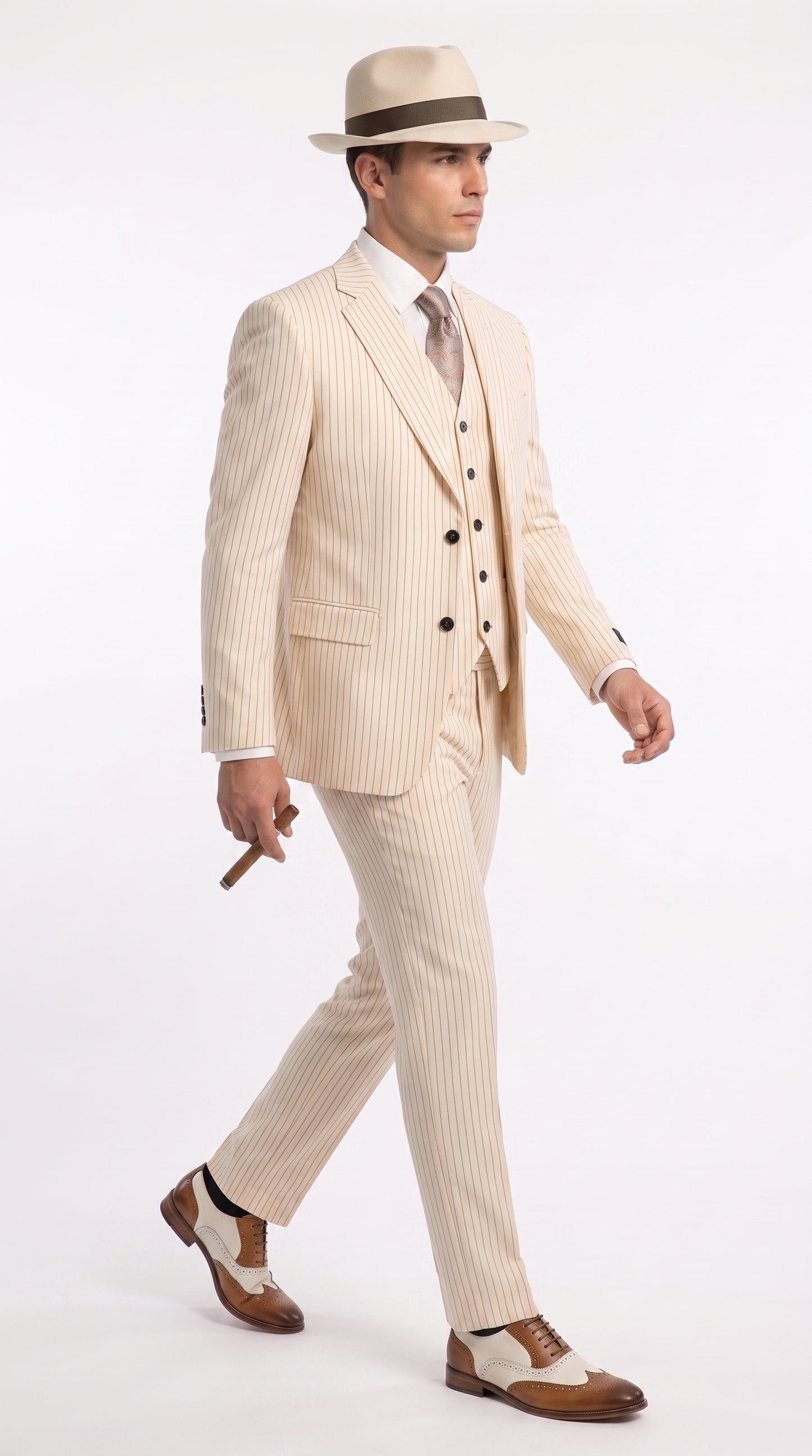 Men’s Ivory Cream Pinstripe 3-Piece Suit – 1920s Gangster Gatsby Wedding and Formal Suit  Modern Fit