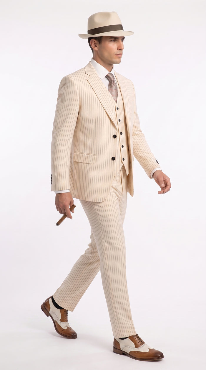 Men’s Ivory Cream Pinstripe 3-Piece Suit – 1920s Gangster Gatsby Wedding and Formal Suit  Modern Fit