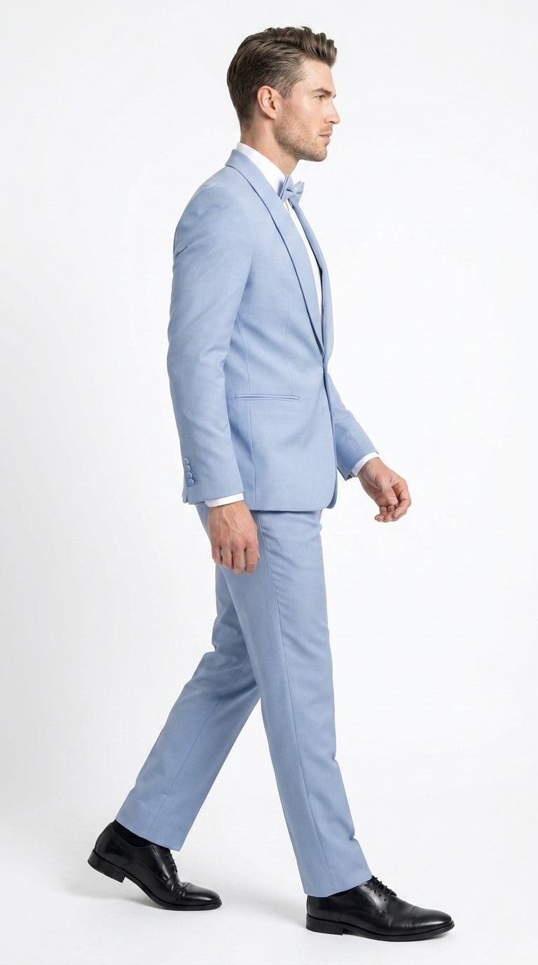 Men’s Powder Blue 3 Piece Tuxedo Suit – Light Blue Shawl Lapel Wedding Prom Suit with Vest