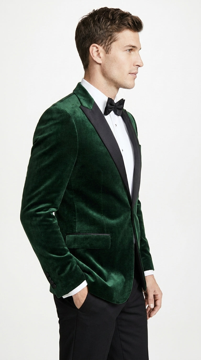 Men’s Olive Green Velvet Tuxedo Dinner Jacket – Black Satin Peak Lapel Formal Prom Wedding Blazer