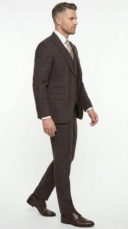 Men’s Vitali 3PC Suit – Choclate Brown and blue Plaid Check 3-Piece Suit with Double-Breasted Vest Modern Fit Side Vented