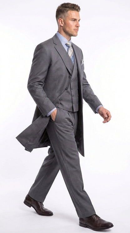 Men’s Grey 4-Button Zoot Suit – Four Buttons 3-Piece Fashion Suit with Double-Breasted Vest and Pleated Pants