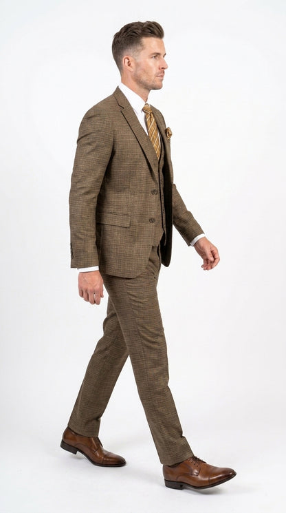 Men's Great Gatsby Brown Checker Plaid Texture 3-Piece Suit – Classic Fit Business, Wedding & Formal Suit Set - Victorian style 1920s