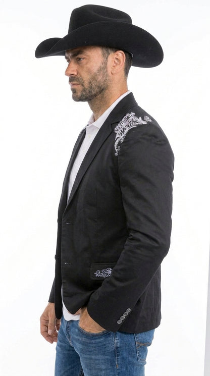Men’s Black & White Western Blazer – Cowboy Sport Coat with Embroidered Shoulder & Back Design