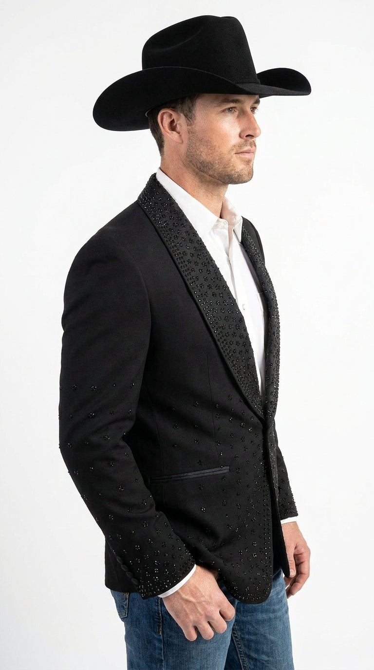 Men’s Black Western Blazer – Cowboy Tuxedo Jacket with Studded Shawl Collar with Glitter Lapel Rhinestone Lapel
