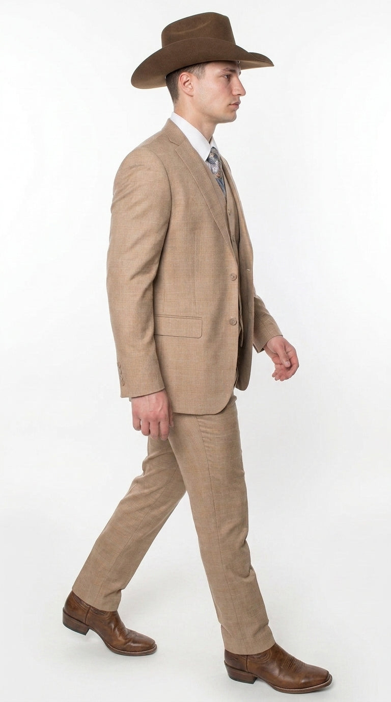 Men’s Khaki Tan Plaid Western Cowboy 3-Piece Suit – Texture Plaid windowpane Blazer, Vest & Pants