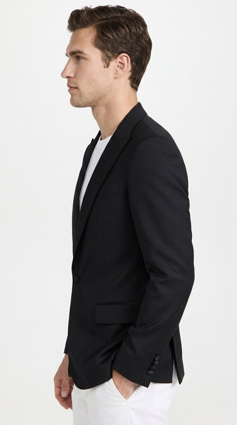 Men’s Classic Black Dinner Jacket – Satin Peak Lapel Formal Tuxedo Blazer