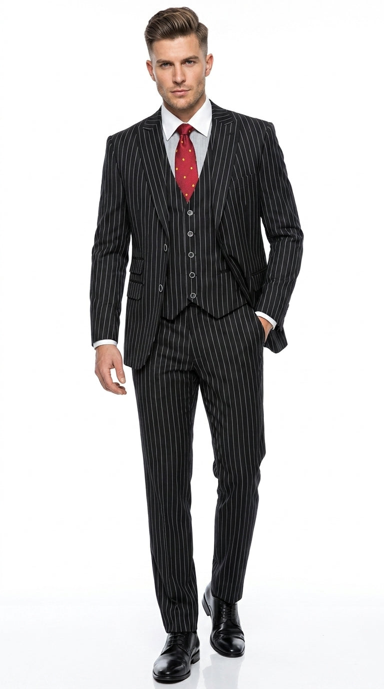 Men’s Gomez Addams Black Pinstripe 3 Piece Suit – Vintage Gangster Gothic Style Suit