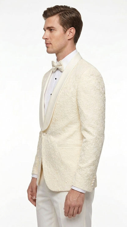 Men’s Ivory Off White Jacquard Dinner Jacket – Cream Tuxedo Blazer for Weddings & Formal Events + Bowtie included