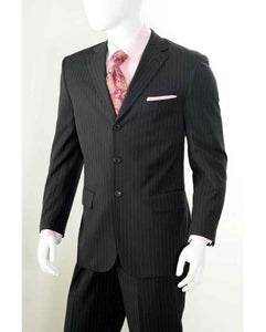 Three Button 2 Piece Black Banker Chalk Pinstripe ~ Stripe Athletic Cut Pleated Pants