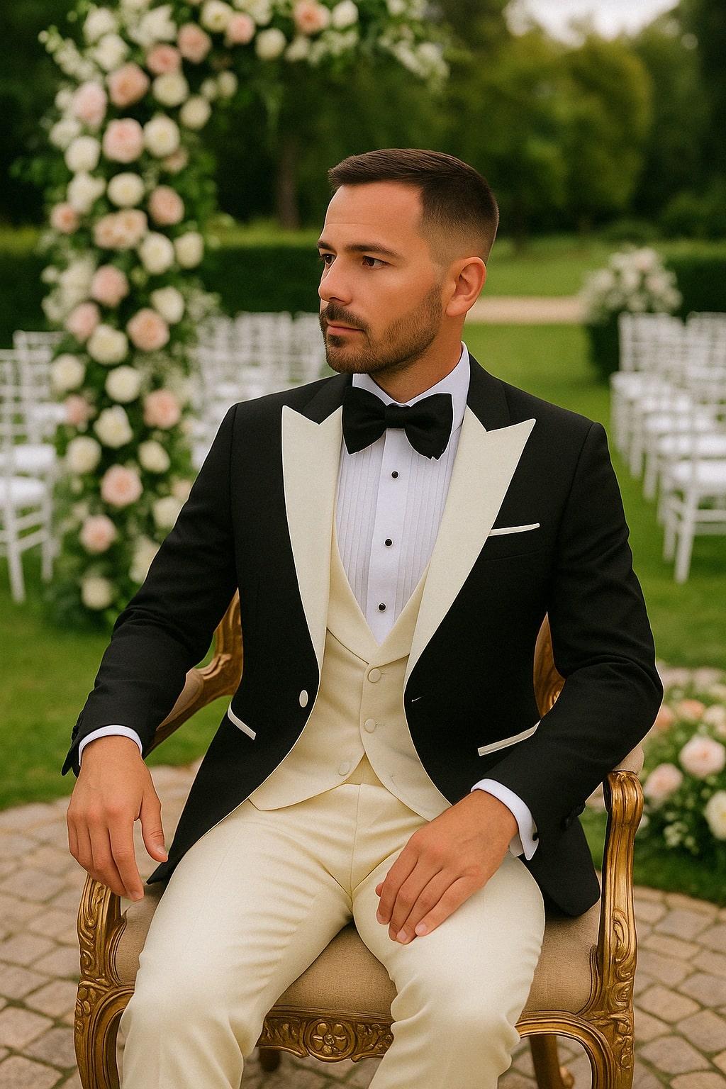 Mens Black and Ivory Tuxedo with Wide Shawl Lapel – 3 Piece Black and off White Lapel ! Vested Suit - Image 3