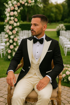 Mens Black and Ivory Tuxedo with Wide Shawl Lapel – 3 Piece Black and off White Lapel ! Vested Suit - Image 3