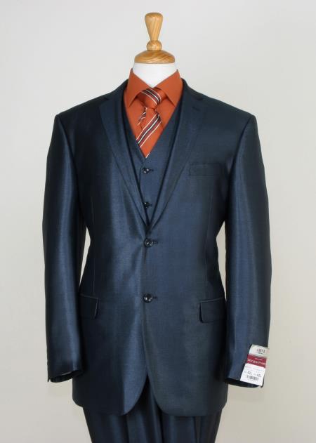 Men'S 3 Piece Sharkskin Suit Flat Front Pants Shiny Flashy Satin Silky Metallic Blue