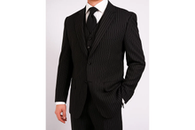 Men'S 3-Piece Black Bold White Chalk Bold Pinstripes Vested Cheap Priced Business Suit Clearance Sale