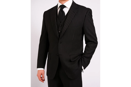 Men'S 3-Piece Black Bold White Chalk Bold Pinstripes Vested Cheap Priced Business Suit Clearance Sale