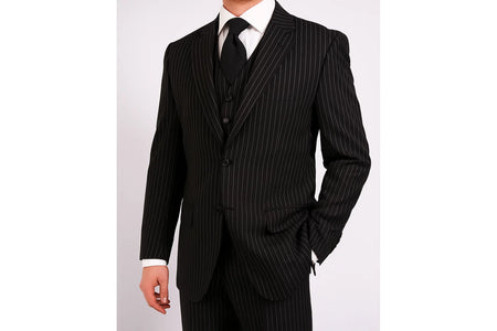 Men'S 3-Piece Black Bold White Chalk Bold Pinstripes Vested Cheap Priced Business Suit Clearance Sale