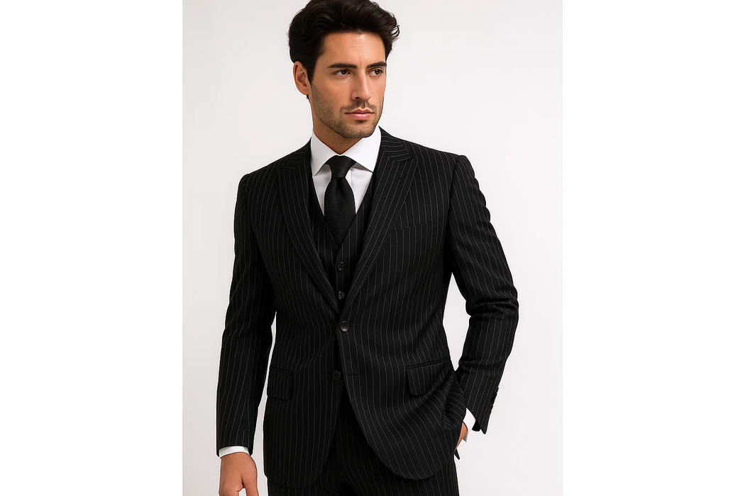 Men'S 3-Piece Black Bold White Chalk Bold Pinstripes Vested Cheap Priced Business Suit Clearance Sale