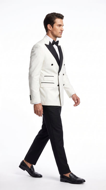 Men’s Vintage Hollywood WHITE/BLACK Double-Breasted Tuxedo – Black Peak Lapel Wedding and Formal Suit