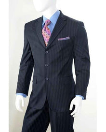 Navy Three button  Banker Chalk Pinstripe ~ Stripe Athletic Cut Pleated Pants