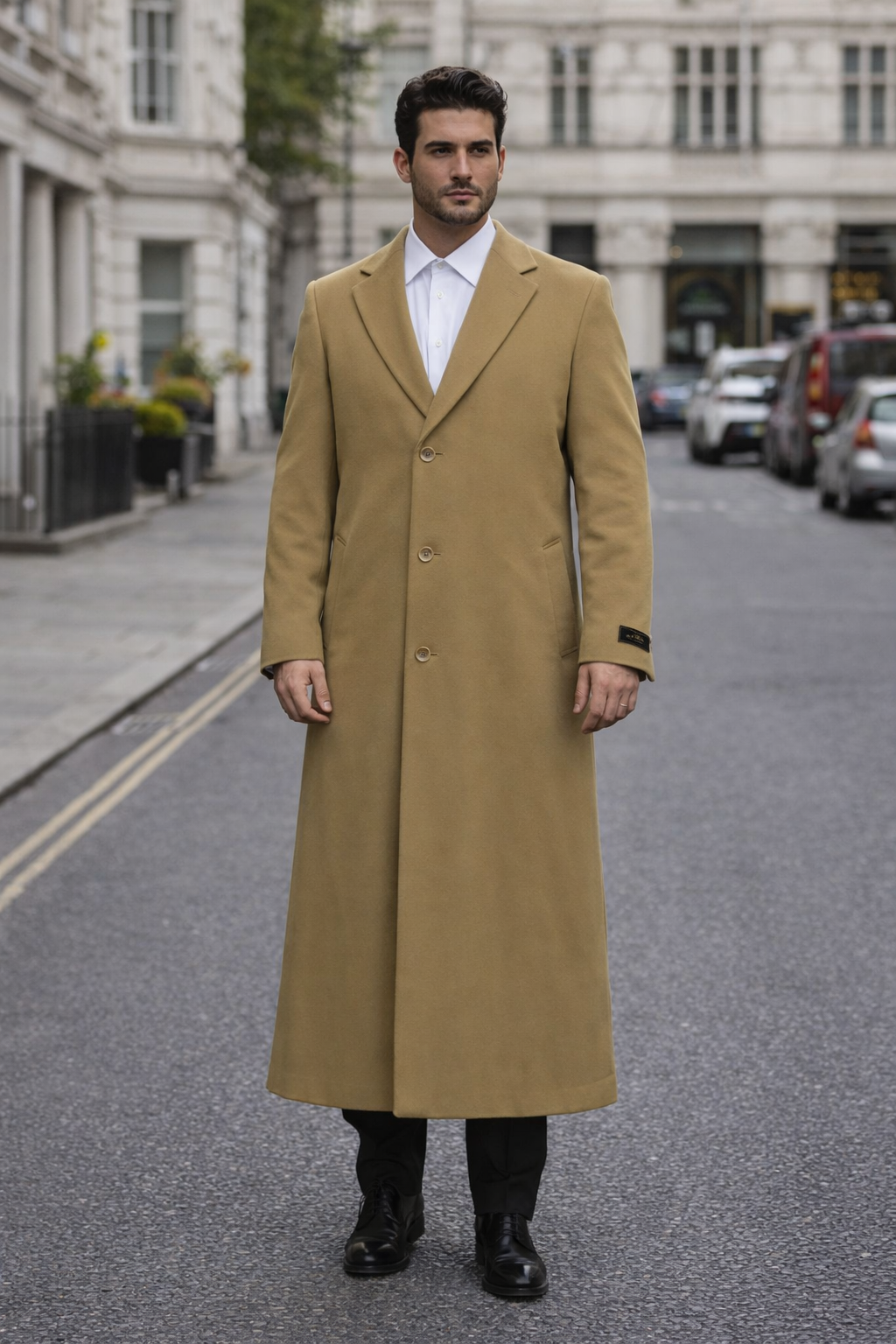 3 Button Camel Full Length Wool Dress Ankle length Top Coat/Overcoat - Mens Overcoat - Image 7