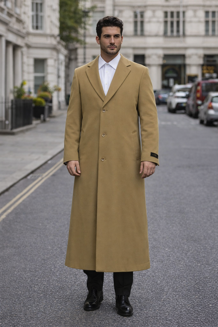 3 Button Camel Full Length Wool Dress Ankle length Top Coat/Overcoat - Mens Overcoat - Image 7