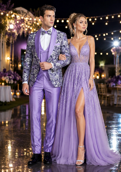 Men’s Lilac Lavender Prom Suit – Floral Shawl Lapel 3 Piece Tuxedo with Matching Vest and Pants