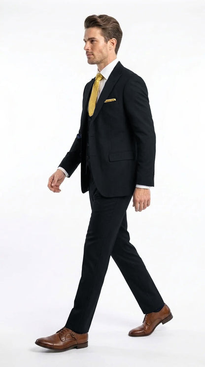 Vitali Men's Modern Fit 3-Piece Black Suit – 2-Button Jacket with Scoop Neck Vest