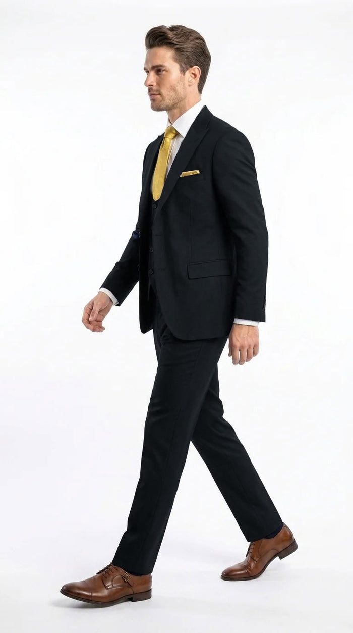 Vitali Men's Modern Fit 3-Piece Black Suit – 2-Button Jacket with Scoop Neck Vest