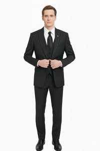 3 Piece Gangster Stripe Mars Vested Fashion Suit Black