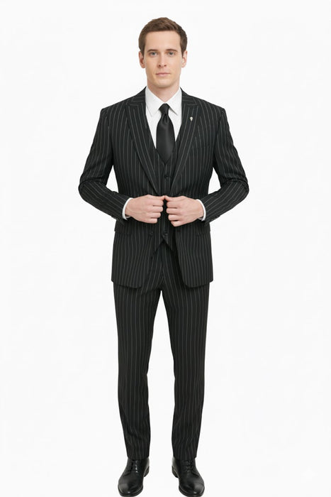 3 Piece Gangster Stripe Mars Vested Fashion Suit Black