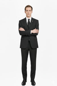 3 Piece Gangster Stripe Mars Vested Fashion Suit Black
