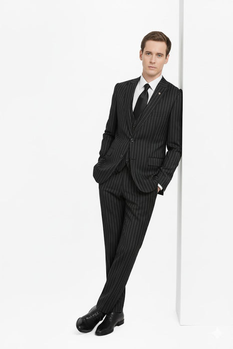 3 Piece Gangster Stripe Mars Vested Fashion Suit Black