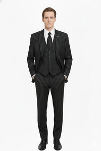 3 Piece Gangster Stripe Mars Vested Fashion Suit Black
