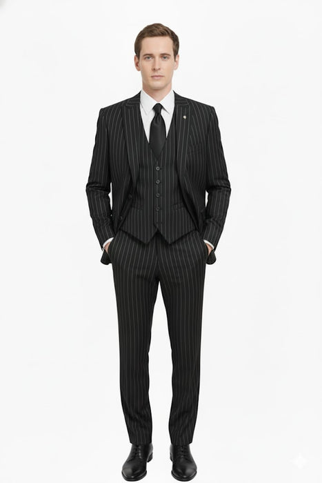 3 Piece Gangster Stripe Mars Vested Fashion Suit Black