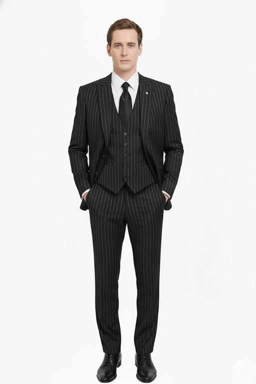 3 Piece Gangster Stripe Mars Vested Fashion Suit Black