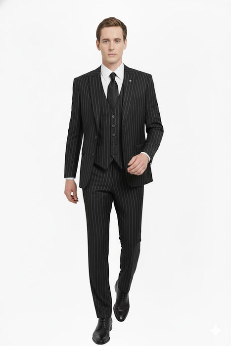 3 Piece Gangster Stripe Mars Vested Fashion Suit Black
