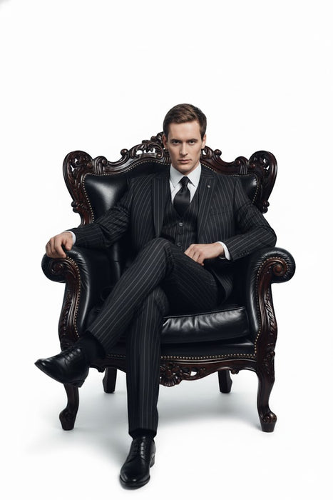 3 Piece Gangster Stripe Mars Vested Fashion Suit Black