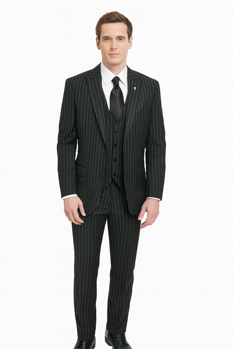3 Piece Gangster Stripe Mars Vested Fashion Suit Black
