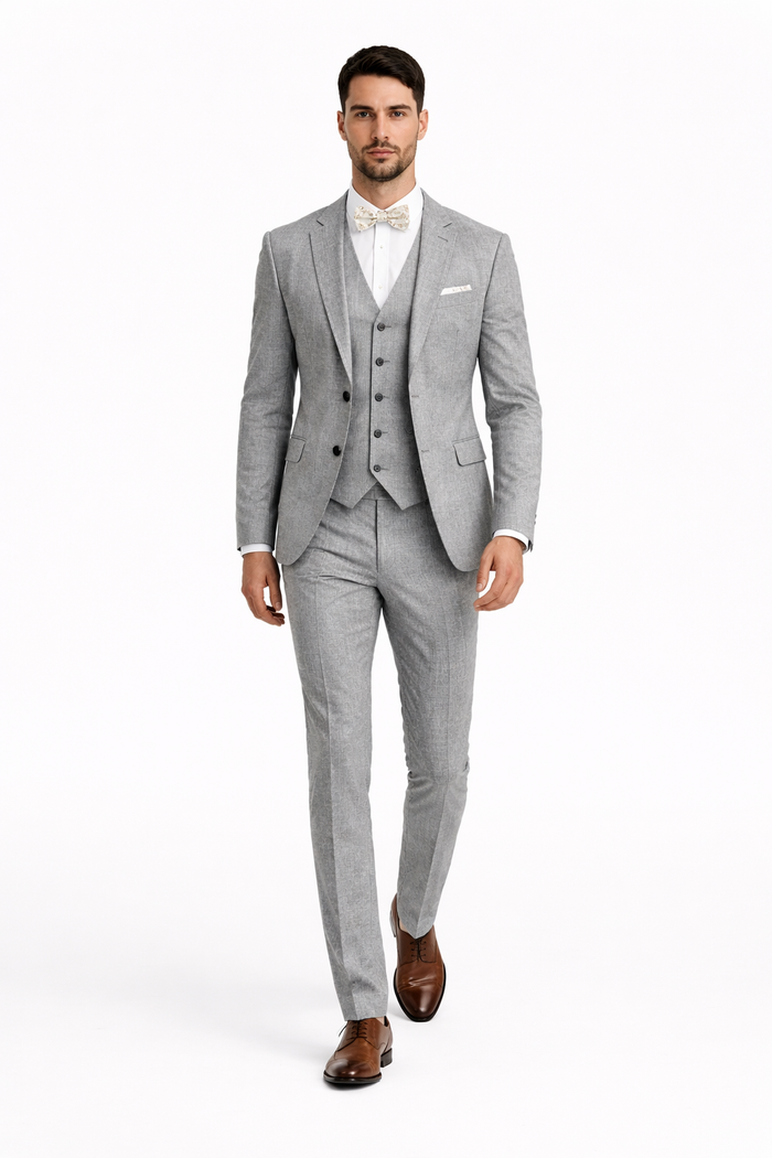 3 Piece Linen Suit - Gray Mens Suit - Vested Summer Suit
