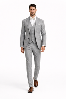3 Piece Linen Suit - Gray Mens Suit - Vested Summer Suit