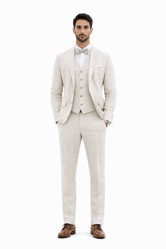 3 Piece Linen Suit - Ivory Mens Suit - Vested summer Suit - Image 6