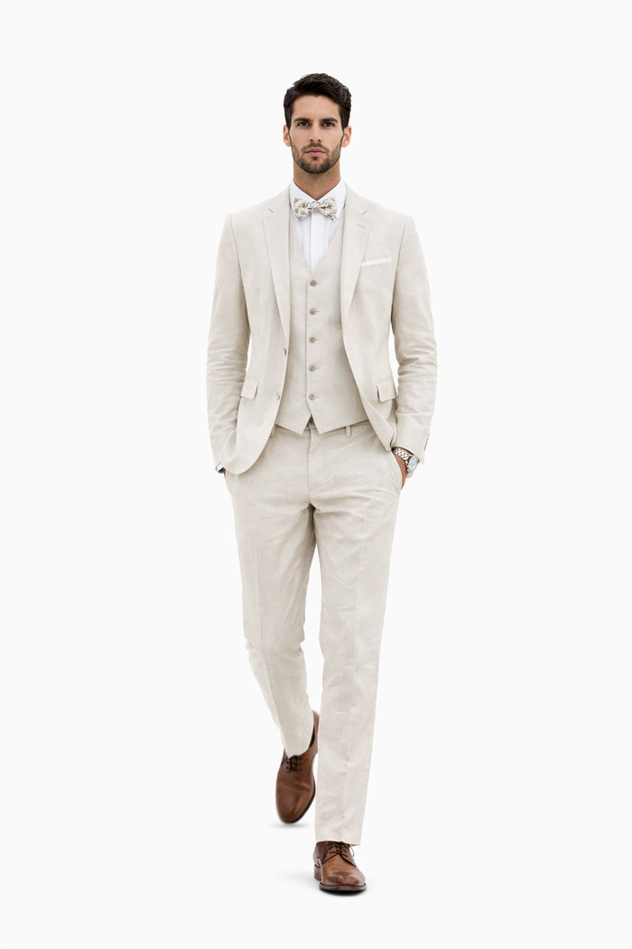 3 Piece Linen Suit - Ivory Mens Suit - Vested summer Suit