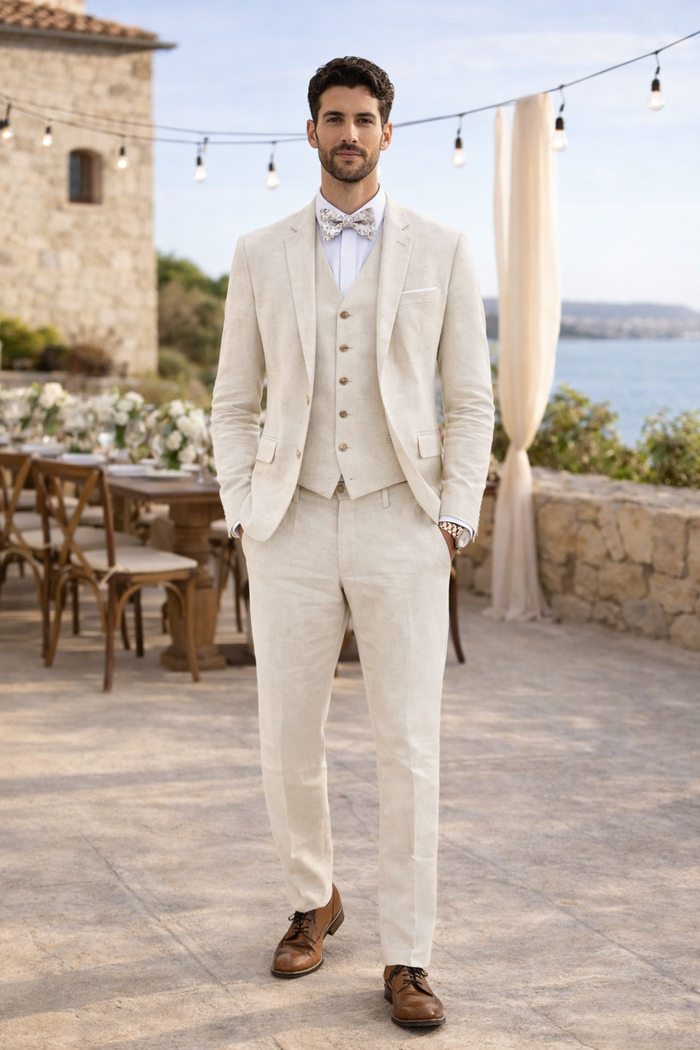 3 Piece Linen Suit - Ivory Mens Suit - Vested summer Suit - Image 7