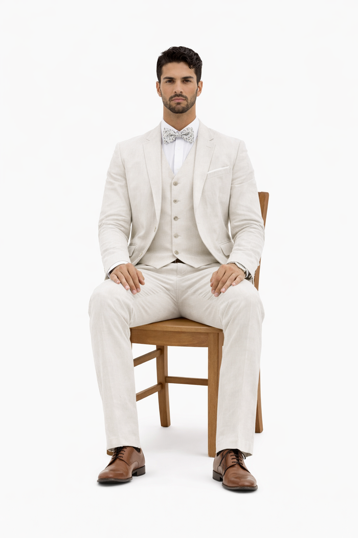 3 Piece Linen Suit - Ivory Mens Suit - Vested summer Suit - Image 5